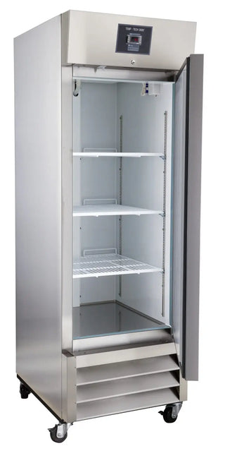 Stainless steel ABS PH-ABT-HC-SSP-23 26.875" Upright Pharmacy Refrigerator with open door on a white background