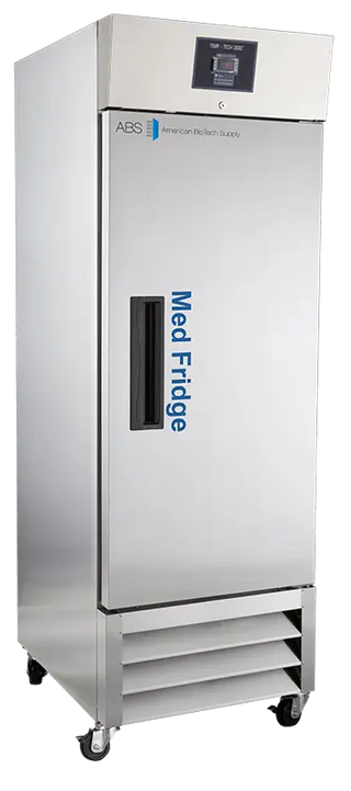 Stainless steel ABS PH-ABT-HC-SSP-23 26.875" Upright Pharmacy Refrigerator on a white background