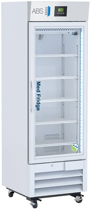 ABS PH-ABT-NSF-16G 25" Upright Pharmacy Refrigerator with glass door labeled 'Med Fridge' on a white background