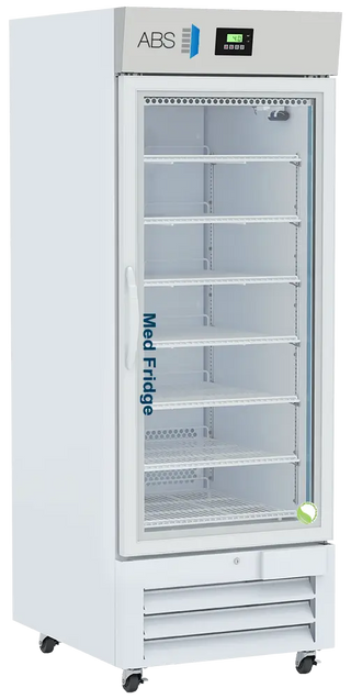 ABS PH-ABT-NSF-26G 28.375" Upright Pharmacy Refrigerator with glass door labeled 'ABS Med Fridge' on a white background