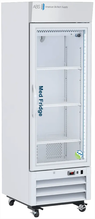 ABS PH-ABT-NSF-S16G 25" Upright Pharmacy Refrigerator with glass door labeled 'Med Fridge' on a white background