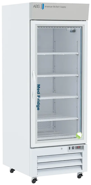 ABS PH-ABT-NSF-S26G 28.375" Upright Pharmacy Refrigerator with glass door labeled 'Med Fridge' on a white background