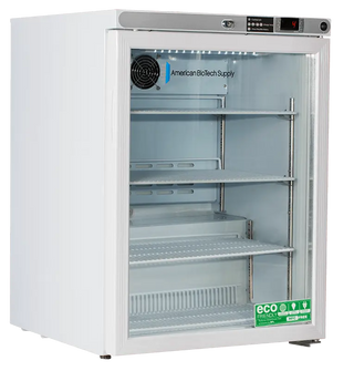 ABS Premier Undercounter Refrigerator ABT-HC-UCFS-0504G with glass door labeled 'American BioTech Supply' on a white background