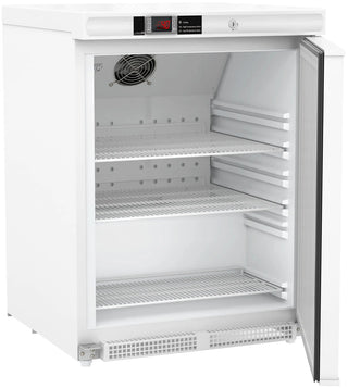 ABS Undercounter Refrigerator ABT-HC-UCBI-0404-ADA with open door showing interior shelves on a white background