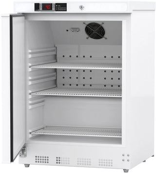 ABS Undercounter Refrigerator ABT-HC-UCBI-0404-LH, Left Hinged with open door showing interior shelves and a digital display on a white background
