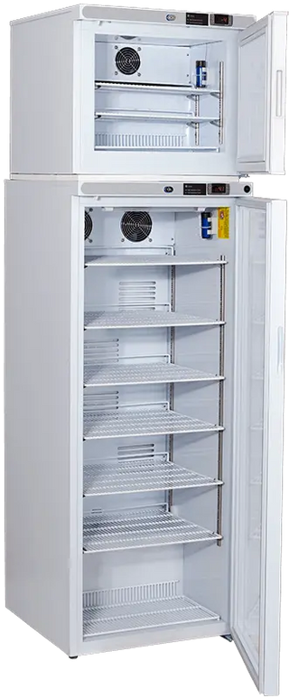 ABS Upright Pharmacy Refrigerator PH-ABT-HC-RFC12GA with open doors showing interior shelves on a white background