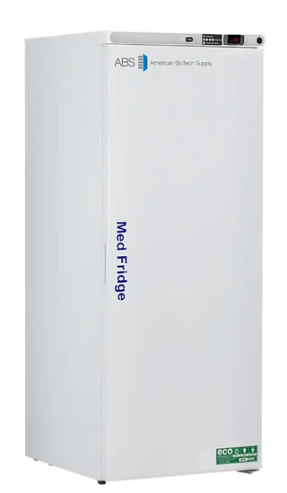 ABS Upright Pharmacy/Vaccine Compact Refrigerator PH-ABT-HC-10PS with 'ABS American Biotech Supply' branding on a white background