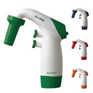 Red, blue, orange and green Oxford AccuHelp Pipette Controllers product with various nozzles on a white background
