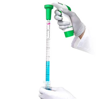 Hand holding a Oxford AccuHelp Pipette Controller with blue liquid against a white background