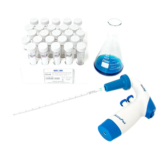 Oxford AccuHelp Pipette Controller equipment including test tubes, a beaker with blue liquid, and a pipette on a white background.