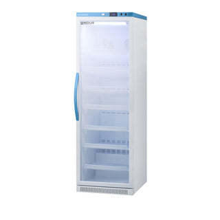 White Accucold ARG15ML Upright Laboratory Refrigerator, 15 Cu.Ft. with blue accents on a white background