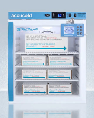 Accucold ARG1PVDL2B 1 Cu.Ft. Compact Vaccine Refrigerator, 2 to 8ºC with influenza virus vaccine boxes inside