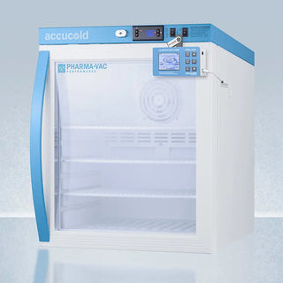 White Accucold ARG1PVDL2B 1 Cu.Ft. Compact Vaccine Refrigerator, 2 to 8ºC with blue accents and Accucold branding on a light blue background