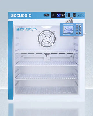 Accucold ARG1PVDL2B 1 Cu.Ft. Compact Vaccine Refrigerator, 2 to 8ºC with digital display on a light blue background