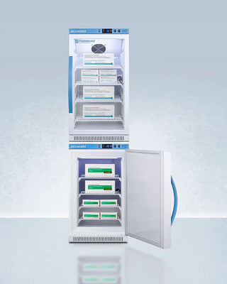 Accucold ARG31PVBIADA-AFZ2PVBIADASTACK 20" Wide Performance Series All-Refrigerator/Freezer Combination with open door on a light gray background