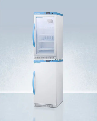 White Accucold ARG31PVBIADA-AFZ2PVBIADASTACK 20" Wide Performance Series All-Refrigerator/Freezer Combination with blue accents on a light gray background