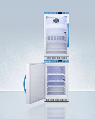 Accucold ARG31PVBIADA-AFZ2PVBIADASTACKLHD 20" Wide Performance Series All-Refrigerator/Freezer Combination with open door on a light blue background