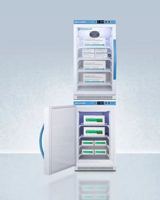 Accucold ARG31PVBIADA-AFZ2PVBIADASTACKLHD 20" Wide Performance Series All-Refrigerator/Freezer Combination with open door displaying labeled shelves on a light blue background