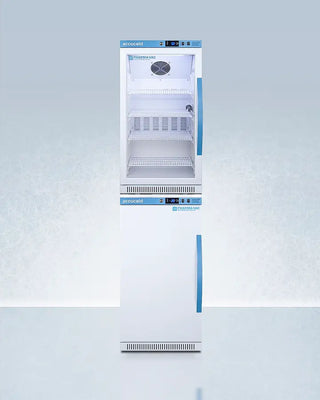 Accucold ARG31PVBIADA-AFZ2PVBIADASTACKLHD 20" Wide Performance Series All-Refrigerator/Freezer Combination with blue accents on a light gray background