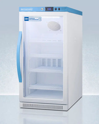 White Accucold ARG31PVBIADA-CRT 2.83 Cu.Ft. Upright Controlled Room Temperature Cabinet with blue accents on a light blue background