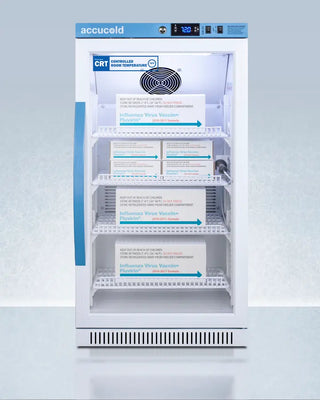 White Accucold ARG31PVBIADA-CRT 2.83 Cu.Ft. Upright Controlled Room Temperature Cabinet with labeled shelves on a light gray background