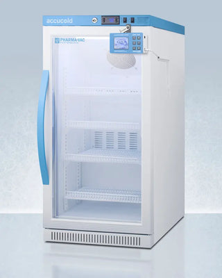 White Accucold ARG31PVBIADADL2B 2.83 Cu.Ft. Vaccine Refrigerator with blue accents on a light blue background