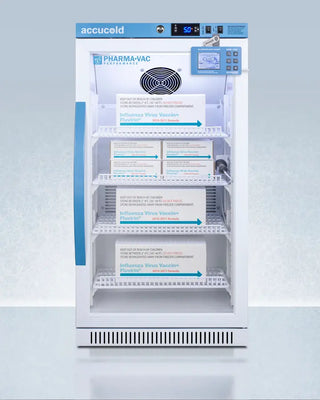 Pharmaceutical Accucold ARG31PVBIADADL2B 2.83 Cu.Ft. Vaccine Refrigerator with labeled shelves on a light blue background