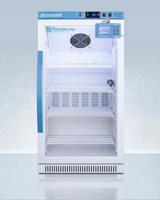 Accucold ARG31PVBIADADL2B 2.83 Cu.Ft. Vaccine Refrigerator with 'accucold' branding on a light blue background