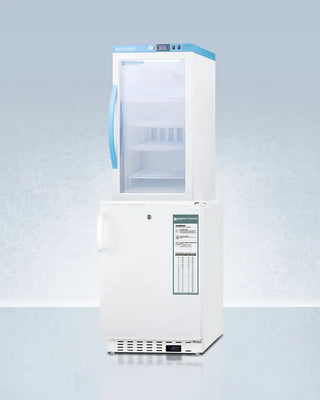 White Accucold ARG3PV-ADA305AFSTACK 20" Wide Vaccine Refrigerator/Freezer Combination with blue accents on a light gray background