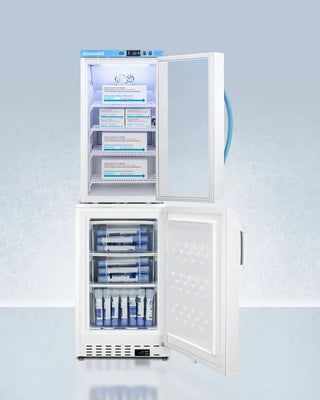 Accucold ARG3PV-ADA305AFSTACK 20" Wide Vaccine Refrigerator/Freezer Combination with open door displaying shelves and products on a light blue background