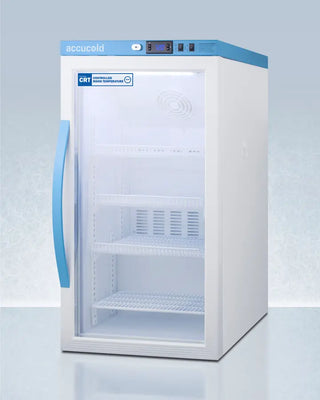 White Accucold ARG3PV-CRT 3 Cu.Ft. Counter Height Controlled Room Temperature Cabinet with blue accents on a light gray background