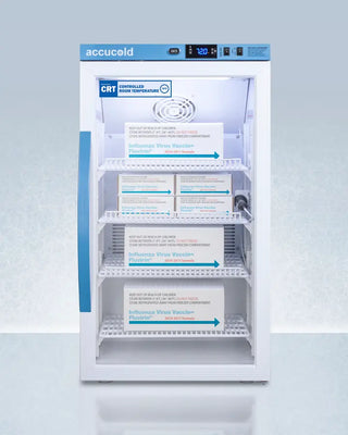 Accucold ARG3PV-CRT 3 Cu.Ft. Counter Height Controlled Room Temperature Cabinet with medical supplies on shelves against a light blue background