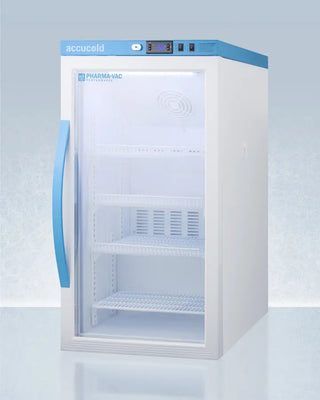 White Accucold ARG3PV456 3 Cu.Ft. Counter Height Vaccine Refrigerator with blue accents on a light blue background