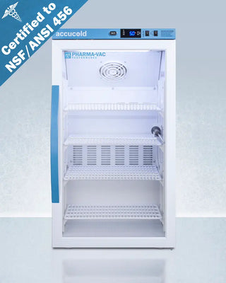 White Accucold ARG3PV456 3 Cu.Ft. Counter Height Vaccine Refrigerator with blue accents, featuring accucold and Pharma-Vac branding, on a light gray background.