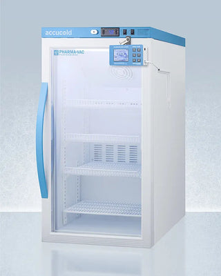 White Accucold ARG3PVDL2B 3 Cu.Ft. Counter Height Vaccine Refrigerator with blue accents and 'accucold' branding on a light blue background