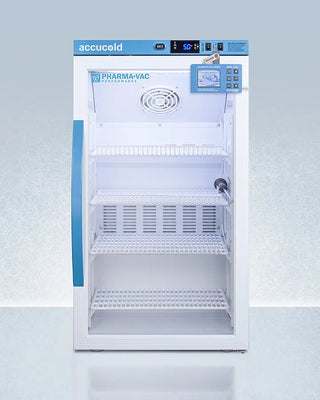 White Accucold ARG3PVDL2B 3 Cu.Ft. Counter Height Vaccine Refrigerator with blue accents and Accucold branding on a light gray background