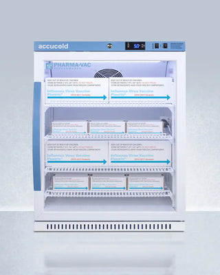 Accucold ARG61PVBIADA456 6 Cu.Ft. ADA Height Vaccine Refrigerator with labeled shelves on a light blue background