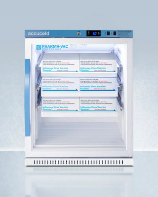 Accucold ARG61PVBIADADR 6 Cu.Ft. ADA Height Vaccine Refrigerator, with Removable Drawers with labeled shelves on a light blue background