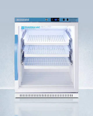Accucold ARG61PVBIADADR 6 Cu.Ft. ADA Height Vaccine Refrigerator, with Removable Drawers with digital display on a light blue background