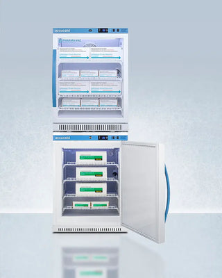 Accucold ARG6PV-AFZ5PVBIADASTACK 24" Wide Performance Series All-Refrigerator/Freezer Combination with open door displaying labeled shelves on a light blue background