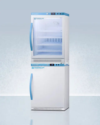 White Accucold ARG6PV-AFZ5PVBIADASTACK 24" Wide Performance Series All-Refrigerator/Freezer Combination with blue handles on a light gray background