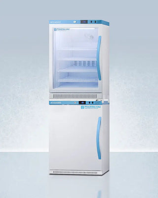 White Accucold ARG6PV-AFZ5PVBIADASTACKLHD 24" Wide Performance Series All-Refrigerator/Freezer Combination with blue accents on a light gray background