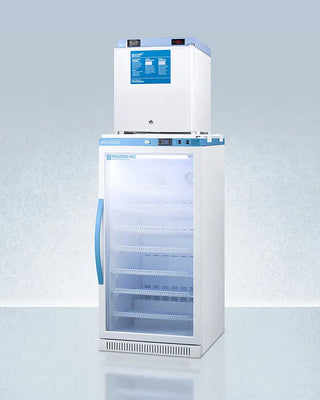Accucold ARG8PV-FS24LSTACKMED2 24" Wide All-Refrigerator/Freezer Combination with glass and solid door on a light blue background