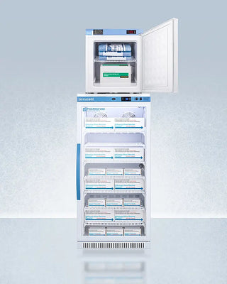 Accucold ARG8PV-FS24LSTACKMED2 24" Wide All-Refrigerator/Freezer Combination with open door displaying labeled shelves on a light blue background