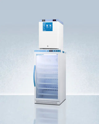Accucold ARG8PV-FS30LSTACKMED2 24" Wide All-Refrigerator/Freezer Combination with glass and solid doors on a light blue background