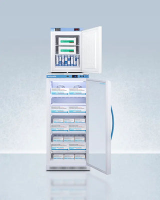 Accucold ARG8PV-FS30LSTACKMED2 24" Wide All-Refrigerator/Freezer Combination with open door displaying medical supplies on a light blue background