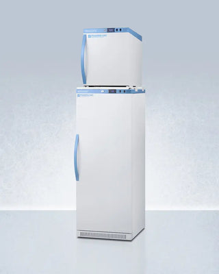 White Accucold ARS12PV-AFZ1PVSTACK 24" Wide All-Refrigerator/Freezer Combination with blue accents on a light gray background