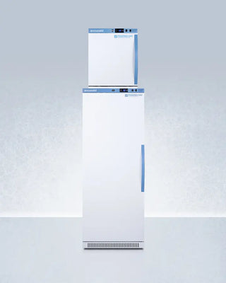 Accucold ARS12PV-AFZ1PVSTACKLHD 24" Wide All-Refrigerator/All-Freezer Combination with blue accents on a light gray background
