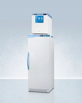 White Accucold ARS12PV-FS24LSTACKMED2 24" Wide All-Refrigerator/Freezer Combination with blue accents on a light gray background