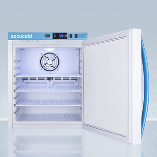 Accucold ARS1PVDL2B 1 Cu.Ft. Compact Vaccine Refrigerator, 2 to 8ºC with open door on a light gray background